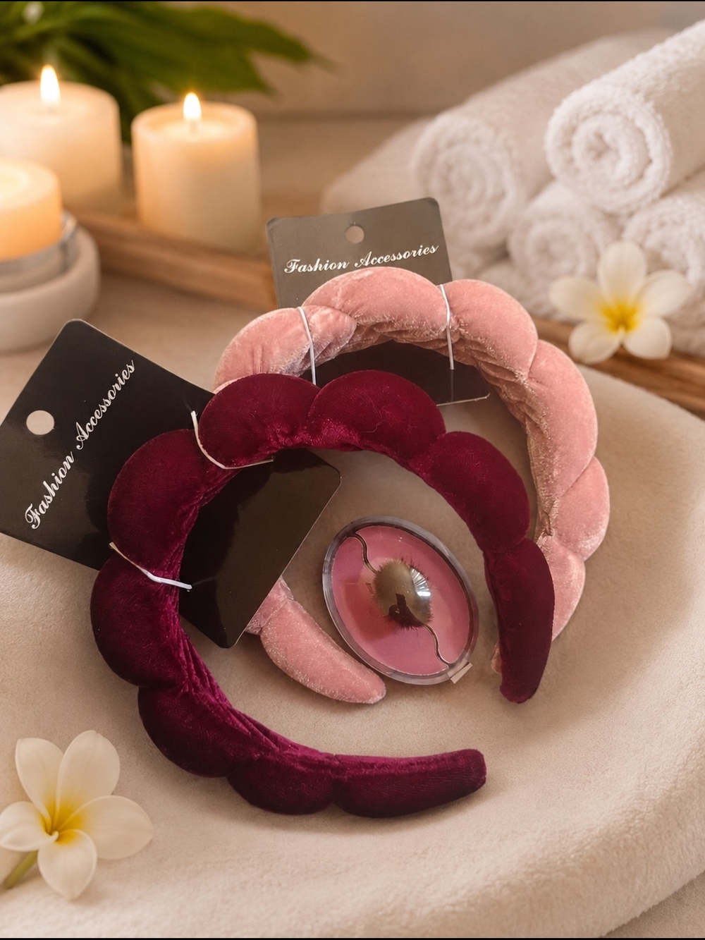 Velvet Scalloped Headband - Pink & Burgundy 3-Piece Beauty Bundle"
With blush